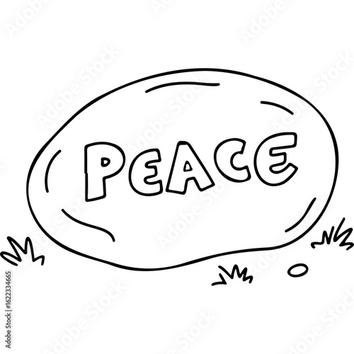 Peace inscribed on a stylized rock surrounded by grass for World Mental Health Day  
