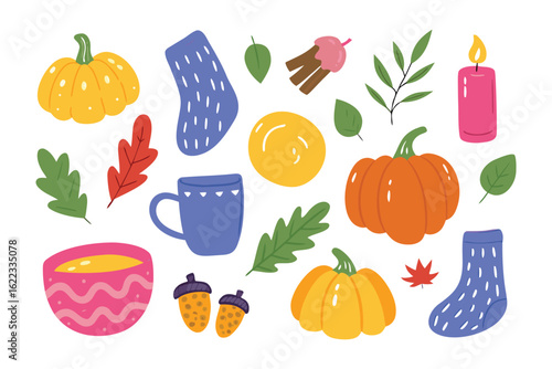Autumnal Assemblage: A vibrant, hand-drawn collection of fall-themed elements. Including pumpkins, leaves, candle, sock, cup, acorns