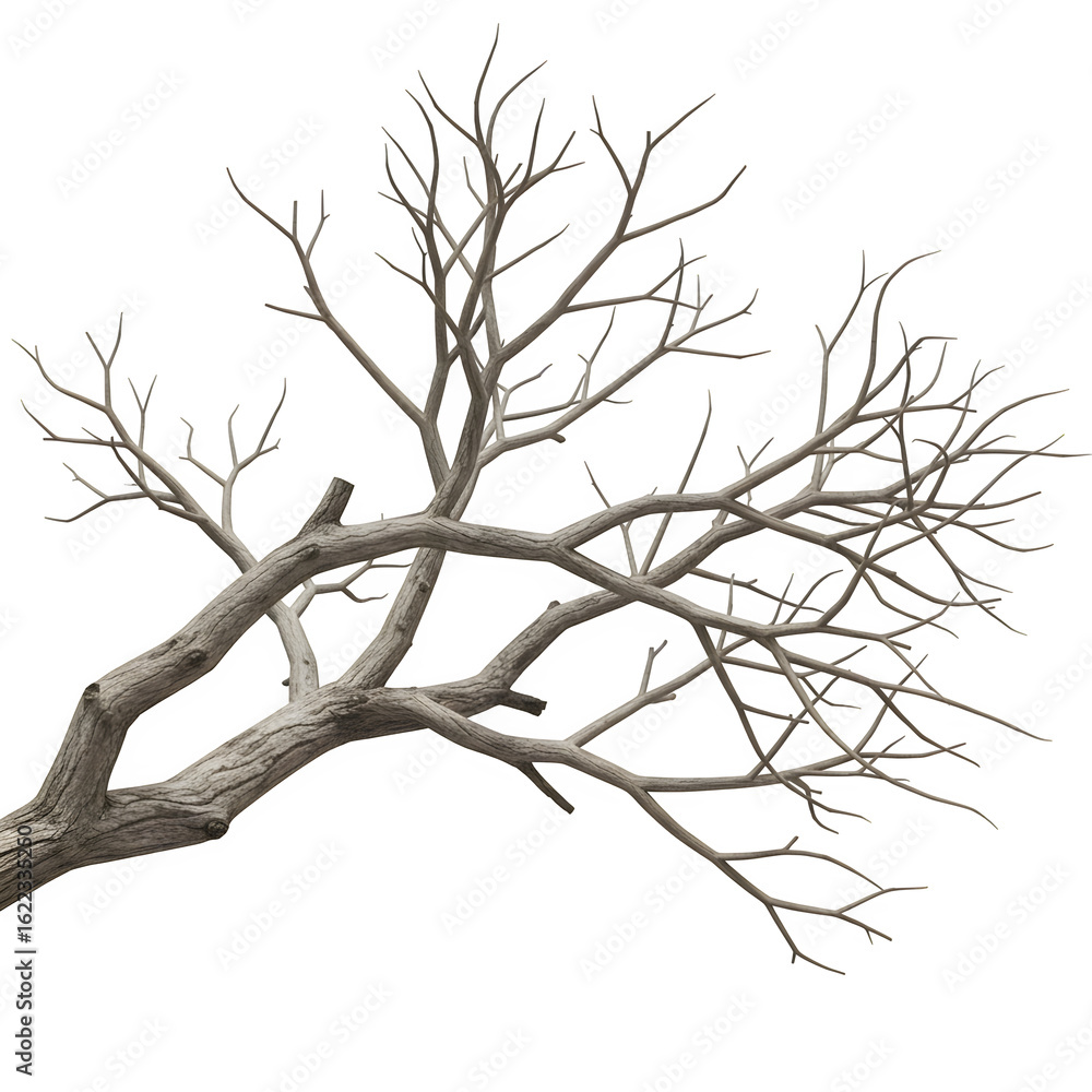Fototapeta premium Realistic dry tree branches without leaves, isolated on a white background. Perfect for nature, botanical, and seasonal design projects.