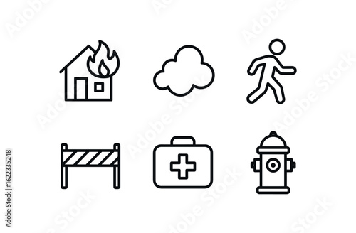 simple outline stroke icon items firefighter (emergency scene): burning house smoke cloud evacuee warning tape first aid kit fire hydrant monoline icons style isolated on white background