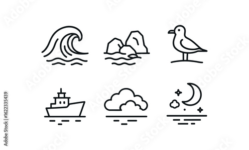 simple outline stroke icon items lighthouse keeper (ocean setting): crashing wave rocky shore seagull ship silhouette cloudy sky moonlight monoline icons style isolated on white background