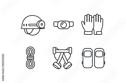 simple outline stroke icon items cave explorer (gear): helmet headlamp gloves rope harness knee pads monoline icons style isolated on white background