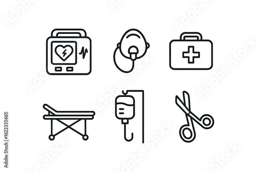 simple outline stroke icon items emergency paramedic (tools): defibrillator oxygen mask medical bag simple outline stroke icon itemsetcher IV drip trauma scissors monoline icons style