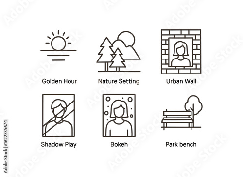 simple outline stroke icon items portrait photographer (outdoor): golden hour nature setting urban shadow play bokeh park bench monoline icons style isolated on white background