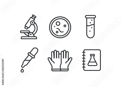 simple outline stroke icon items medical researcher (lab tools): microscope petri dish test tube pipette safety gloves lab notebook monoline icons style isolated on white background