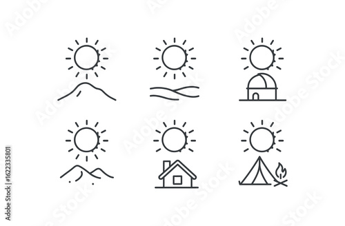 simple outline stroke icon items solar eclipse (locations): hilltop open field observatory desert plain rooftop eclipse camp monoline icons style isolated on white background