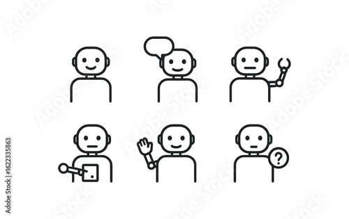 simple outline stroke icon items companion robot (interaction): friendly face speech bubble extendable touchscreen panel greeting gesture help icon monoline icons style isolated on white