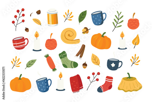 Autumn Comfort: A collection of cozy fall elements come together, conjuring feelings of warmth and the essence of the season with pumpkins, candles and mugs