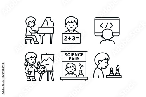 simple outline stroke icon items child prodigy (activities): piano performance math problem coding screen painting science fair chess game monoline icons style isolated on white background
