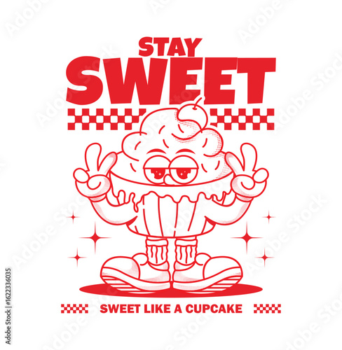 Stay sweet slogan with vintage cheerful cupcake cartoon character print design. Perfect for apparel, stickers, posters, and more