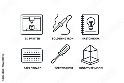 simple outline stroke icon items invention prototype (tools): 3d printer soldering iron sketchbook breadboard screwdriver prototype model monoline icons style isolated on white background