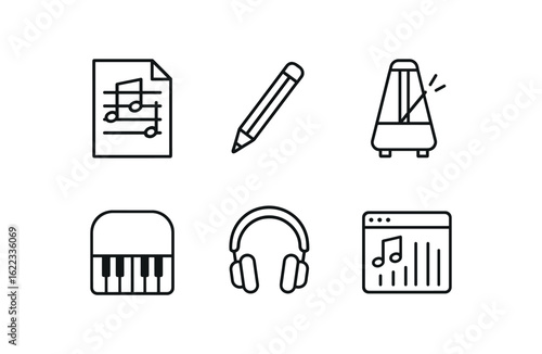 simple outline stroke icon items musical composition (tools): sheet music pencil metronome piano headphones music software monoline icons style isolated on white background