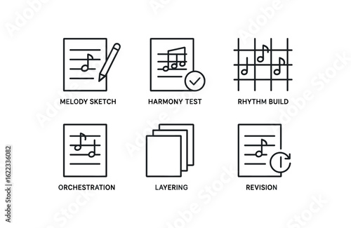 simple outline stroke icon items musical composition (process): melody sketch harmony test rhythm build orche simple outline stroke icon itemsation layering revision monoline icons style