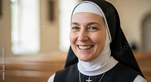 Happy cheerful nun smiling. Religion, Christianity, Catholicism, Orthodoxy