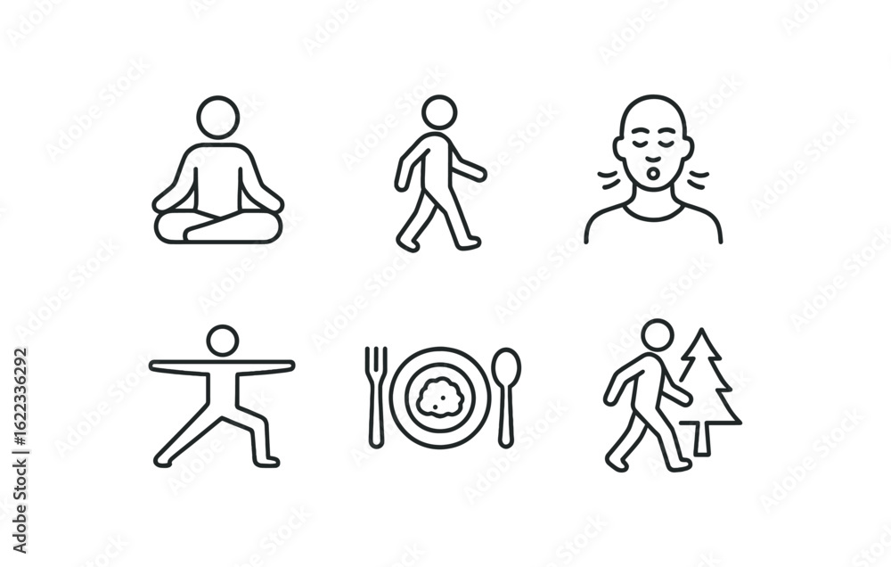 Obraz premium simple outline stroke icon items meditation retreat (activities): sitting meditation mindful walking breathing yoga simple outline stroke icon itemsetch silent meal forest walk monoline