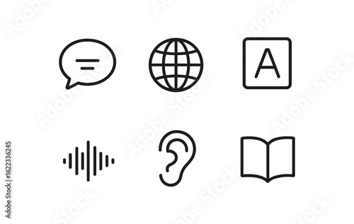 simple outline stroke icon items language interpreter (symbols): speech bubble globe text icon voice wave ear icon book monoline icons style isolated on white background