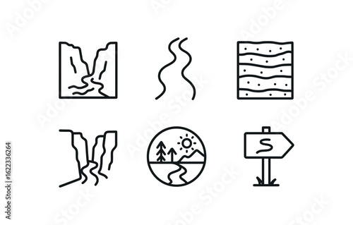 simple outline stroke icon items river canyon (symbols): erosion icon water path rock layer canyon sketch nature loop trail marker monoline icons style isolated on white background