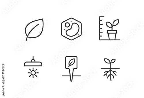 simple outline stroke icon items botanist greenhouse (symbols): leaf icon plant cell growth chart sun lamp plant tag root diagram monoline icons style isolated on white background