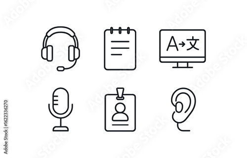 simple outline stroke icon items language interpreter (tools): headset notepad translation screen microphone conference badge earpiece monoline icons style isolated on white background