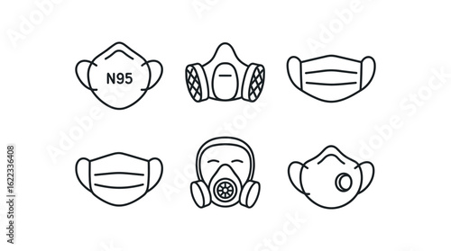 simple outline stroke icon items air filtration mask (types): N95 mask reusable filter mask surgical mask cloth mask full face respirator valve mask monoline icons style isolated on white
