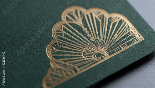 Close-up of a decorative peacock design embossed in gold on dark-green card