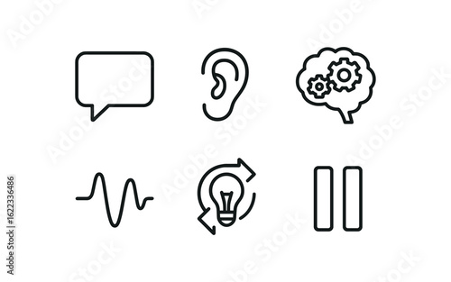 simple outline stroke icon items interpersonal communication filter (symbols): speech bubble ear icon brain process wave distortion meaning icon pause mark monoline icons style isolated on
