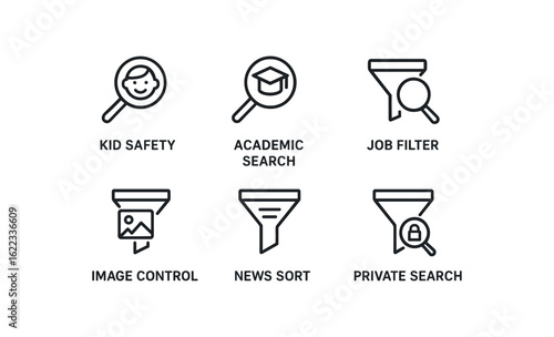 simple outline stroke icon items search engine filter (use cases): kid safety academic search job filter image control news sort private search monoline icons style isolated on white