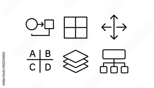 simple outline stroke icon items conceptual framework (visuals): diagram matrix arrows ab simple outline stroke icon itemsact grid layered box schema monoline icons style isolated on white