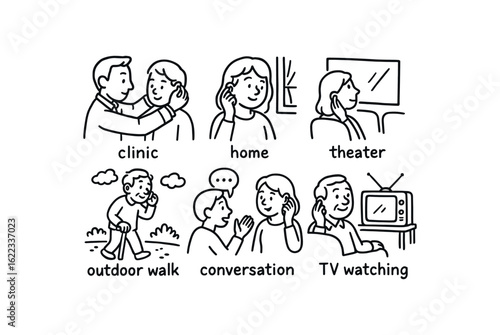hand drawn cute doodle style line isolated on white background hearing aid tuning (contexts): clinic home theater outdoor walk conversation TV watching