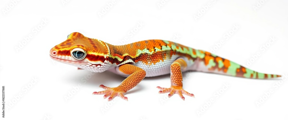 Fototapeta premium A flattened gecko with intricate scales and vibrant patterns playfully poses against a stark white backdrop, animal photography, colorful