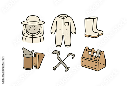 hand drawn cute doodle style line isolated on white background beekeeper (gear): veil hat white suit rubber smoker pouch frame grip toolkit box