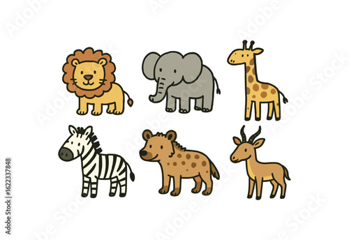 hand drawn cute doodle style line isolated on white background savanna ecosystem (animals): lion elephant giraffe zebra hyena antelope