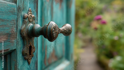 Antique teal door handle.  Close-up of a weathered teal wooden door, showing a vintage, ornate door handle with intricate brass details.  Blurred garden path and foliage background