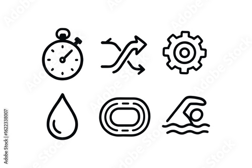 hand drawn cute doodle style line isolated on white background triathlete (symbols): stopwatch split icon gear combo sweat drop track loop swim stroke