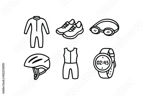 hand drawn cute doodle style line isolated on white background triathlete (gear): wetsuit running shoes swim goggles bike helmet tri suit race watch