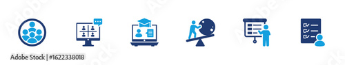 Workshop icons showing meeting, discussion, online class, global presentation, whiteboard, and study session in solid style for education themes