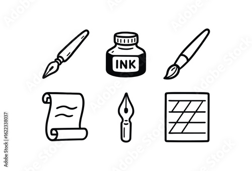 hand drawn cute doodle style line isolated on white background calligraphy (tools): dip pen ink bottle brush pen nib paper scroll guideline sheet
