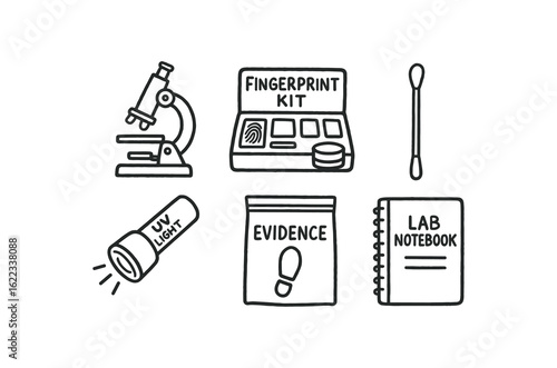hand drawn cute doodle style line isolated on white background forensic scientist (tools): microscope fingerprint kit swab UV light evidence bag lab notebook