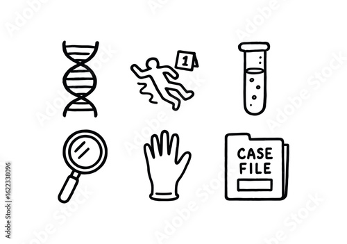 hand drawn cute doodle style line isolated on white background forensic scientist (symbols): DNA helix crime icon test tube magnifying glass glove icon case file
