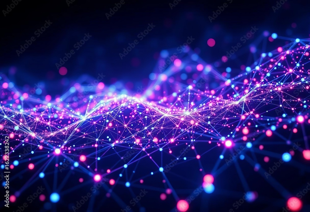 Obraz premium Abstract particle mesh background, glowing nodes and lines forming futuristic tech structures, structure, artificial intelligence
