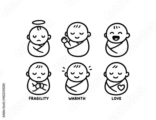 hand drawn cute doodle style line isolated on white background newborn infant (emotions): innocence calm joy fragility warmth love