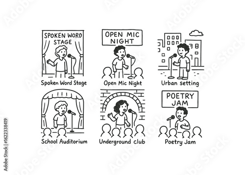 hand drawn cute doodle style line isolated on white background slam poetry (scenes): spoken word stage open mic night urban setting school auditorium underground club poetry jam
