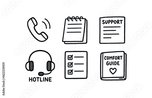 hand drawn cute doodle style line isolated on white background crisis counselor (tools): phone line notepad support script hotline headset checklist comfort guide
