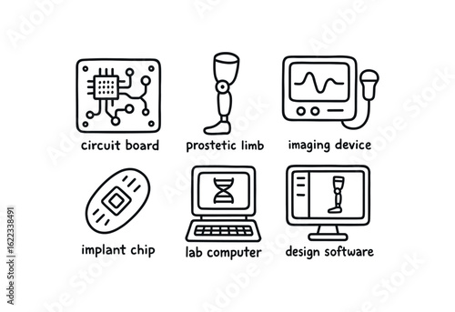 hand drawn cute doodle style line isolated on white background biomedical engineer (tools): circuit board prosthetic limb imaging device implant chip lab computer design software