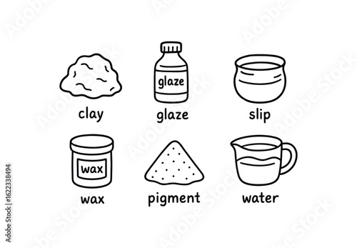 hand drawn cute doodle style line isolated on white background pottery making (materials): clay glaze slip wax pigment water