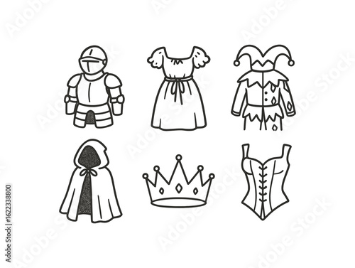 hand drawn cute doodle style line isolated on white background medieval fair (costumes): knight armor peasant dress jester outfit cloak crown corset