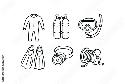 hand drawn cute doodle style line isolated on white background cave diver (gear): wetsuit oxygen tank dive mask fins headlamp rope reel