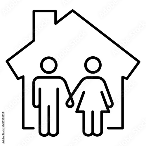 Logo vivienda familiar. Icono hombre y mujer en casa con líneas 