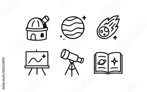 hand drawn cute doodle style line isolated on white background observatory (uses): planet tracking meteor watch research cosmic event astrophotography education