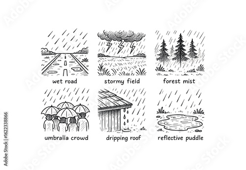 hand drawn cute doodle style line isolated on white background rainy season (scenes): wet road stormy field forest mist umbrella crowd dripping roof reflective puddle